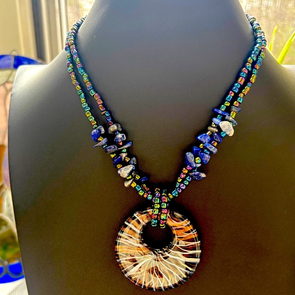 Vintage Glass Pendant Multicolor Beaded Necklace